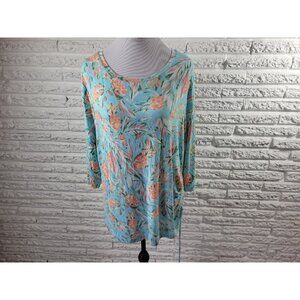 Palm Grove Womens Top 1X Plus 3/4 Sleeve Pullover Tied Hem Blue FLO211E